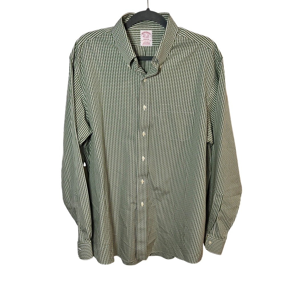 Brooks Brothers Shirt Madison Non-Iron Gingham Button Down Green White 16.5 36